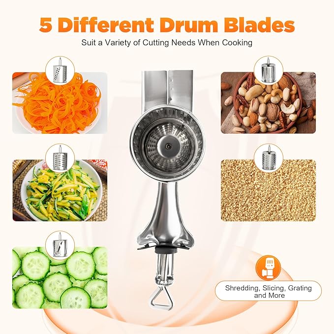 DYNAMI 5 in 1 Stainless Steel Rotary Grater,Kitchen Grater Vegetable Slicer,Cheese Rotary Chopper Food Mills With 5 Stainless Drum,for Home Kitchen Restaurant (Clamping type,Silver)