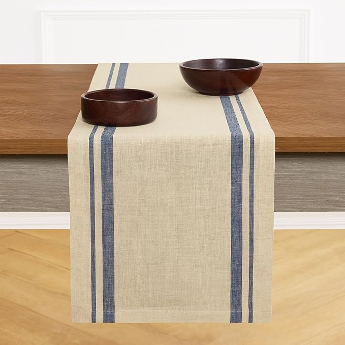 Solino Home Linen Striped Table Runner 144 Inches Long - French Stripe 100% Pure Linen Navy and Natural Dining Table Runner 14 x 144 Inch - Handcrafted and Machine Washable