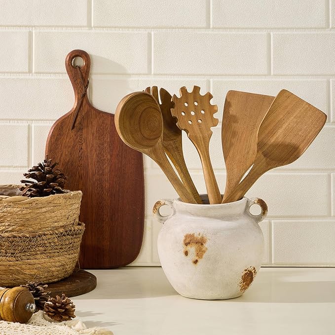 MIYUKI Rustic Kitchen Utensil Holder, Vintage Ceramic Utensil Crock with Handle, Antiquing Kitchen Countertop Organizer