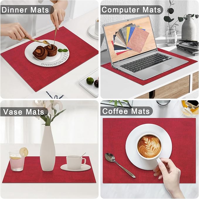 Homaxy Faux Leather Heat Resistant Placemats for Dining Table Set of 12, Waterproof Wipeable Washable PU Table Mats, Easy to Clean Anti-Slip Place Mats, 11.8" x 17", Red
