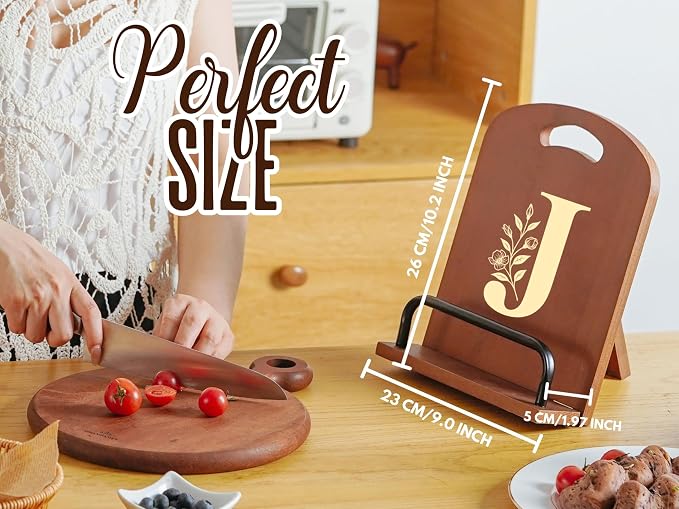 INNObeta Cookbook Stand for Kitchen Counter, Adjustable Tablet Recipe Book Holder, Perfect Gifts for Women, Mom, Grandma on Birthday, Unique Kitchen Decor, Initial J