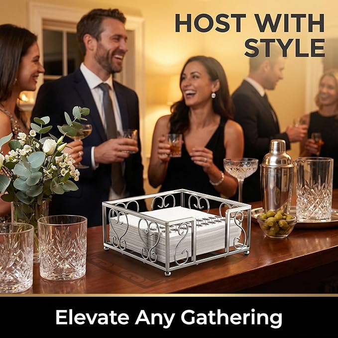 Cocktail Napkin Holder – Flat Napkin Caddy for 5x5 Paper Napkins, Weighted Beverage Napkin Holder for Table or Countertop, Sturdy Square Servilletero for Parties and Events, Home, Bar
