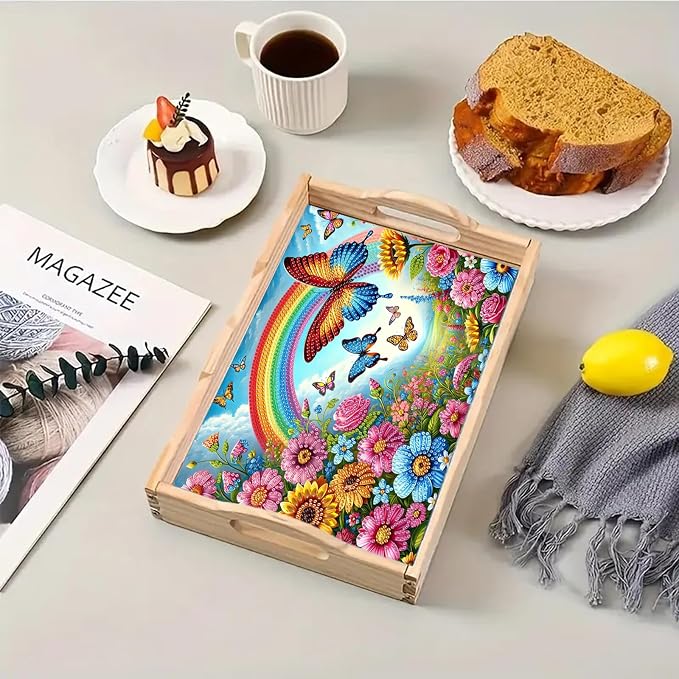 BAYUNOE DIY Diamond Serving Tray Rectangular Breakfast Tray with Handle Handmade Diamond Art Painting Wooden Tray Spring Creative Dinner Plate Coffee Room Living Home Organizer-Rainbow Butterfly Bush
