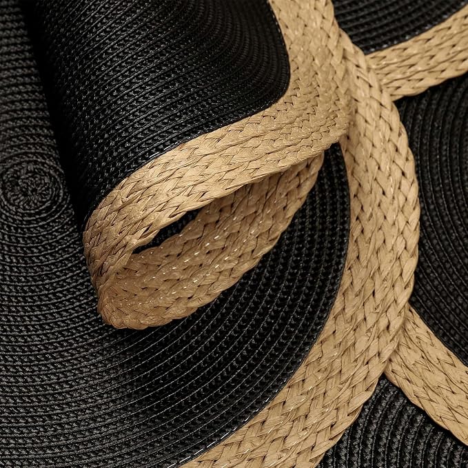 Noctiflorous Braided Round Placemats Set of 6, 15 Inch Woven Table Mats, Non-Slip Washable Wide Edge Place Mats for Kitchen Dining Table Decor (Black, 6)