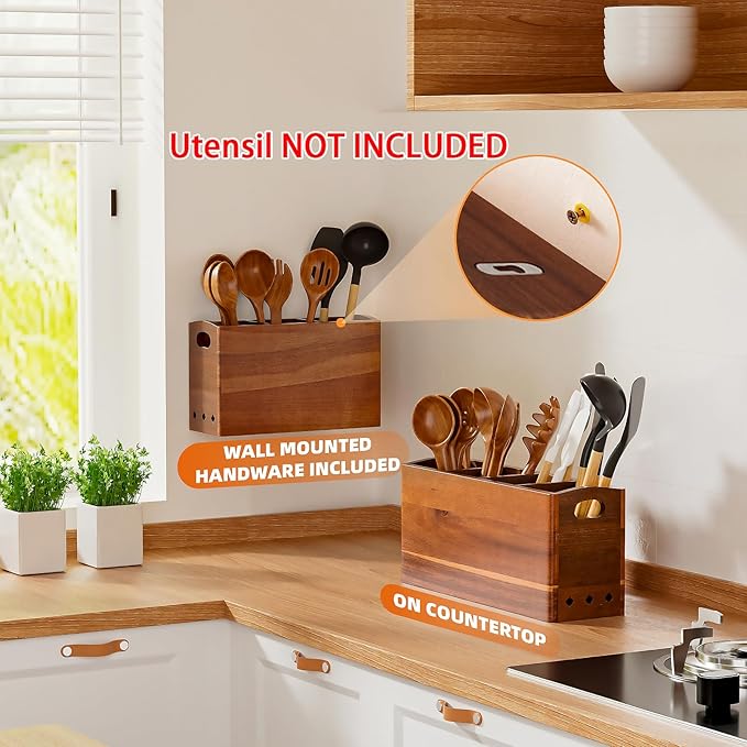 Natural Acacia Wood Utensil Holder for Kitchen Counter (Large), 3 Compartment with Removable Dividers 11.7"x7.1"x4.5", Large Cooking Utensil Organizer - Anti-Scratch Bottom