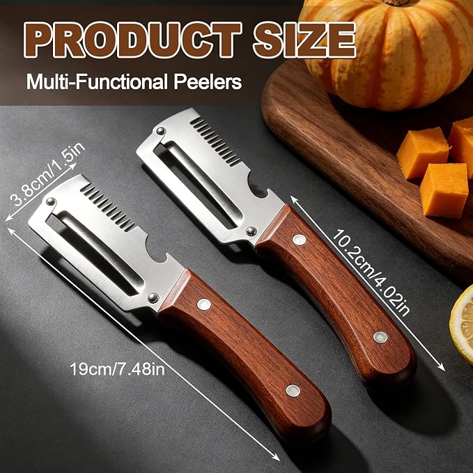 Multifunctional Vegetable Peeler for Kitchen, 3-in-1 Stainless Steel Potato Carrot Peeler with Bottle Opener, Zero Snag Wooden Peeler for Fruits & Veggies (2 PCS)