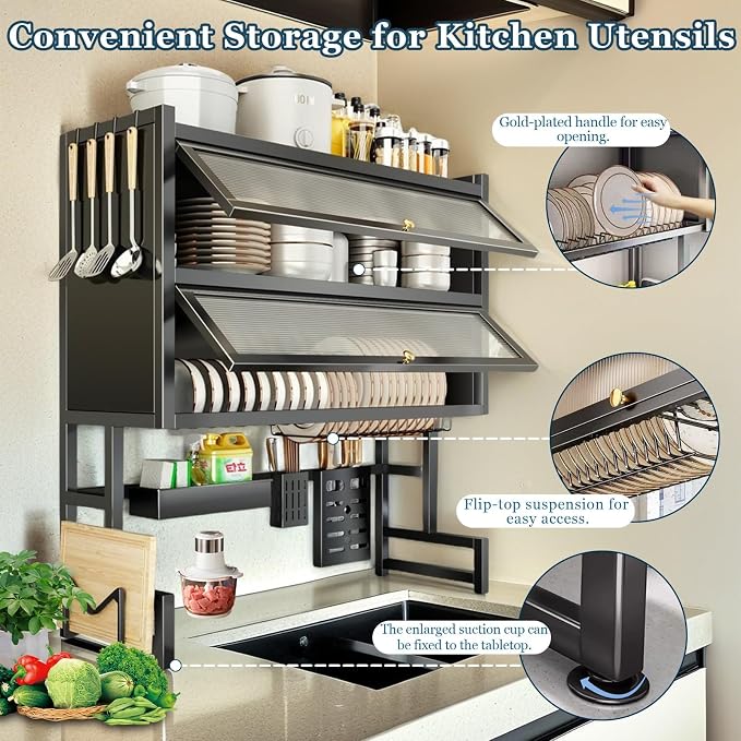 4-Tier Dish Drying Rack with Cover – Above Sink Kitchen Storage Rack, Large Space-Saving Shelf for Dishes, Glasses, Bowls & Cutlery, Black (W-38'')