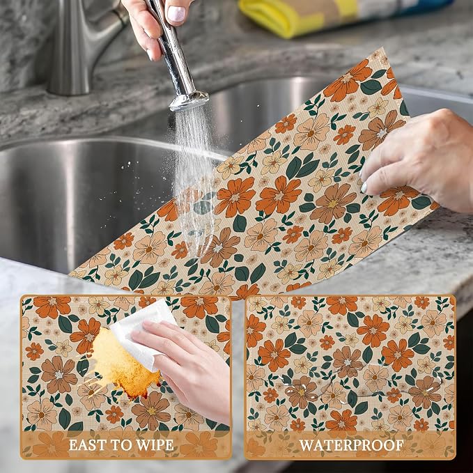 70s Retro Floral Flowers Placemats Set of 6 Washable Table Mats for Kitchen Dining Table,Heat-Resistant Place Mats for Indoor Outdoor Party Holiday Decoration