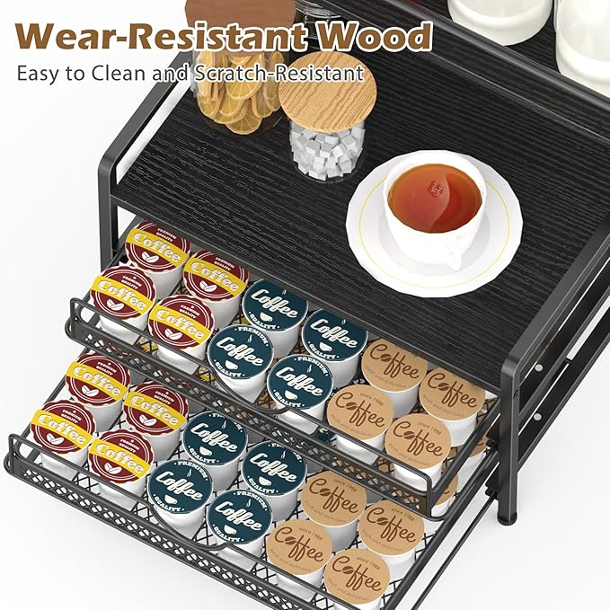 OGEMXU Coffee Bar Organizer, Coffee Pod Organizer,3 Tier Coffee Syrup Rack Organizer,72 K Cup Storage for Counter Storing K Cup,Coffee Syrups, Coffee Makers and Other Coffee Supplies-Black