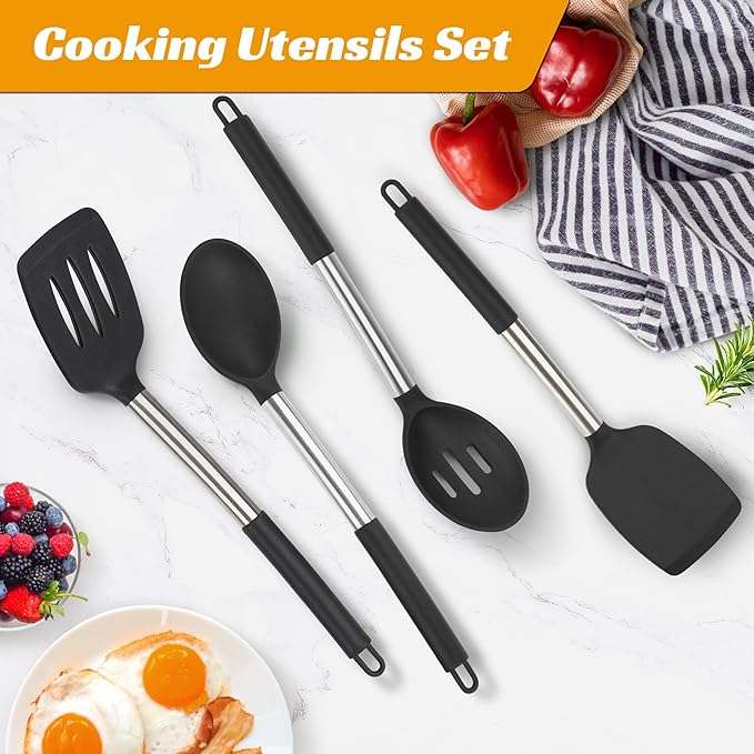 Silicone Cooking Kitchen Utensils Set Kitchen Utensils Set Silicone Cooking Utensils Set for Nonstick Cookware Perfect for Baking and Mixing Spatula Set BPA Free Dishwasher Safe Black 4 Pack