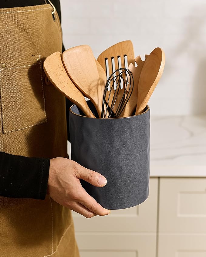 famiware Ocean Utensil Holder, 7.2"+5.8" Ceramic Kitchen Utensil Holder for Countertop, 2 Pieces Cooking Utensil Crocks, Utensil Organizer for Spatula & Spoon, Kitchen, Set of 2, Matte Dark Charcoal