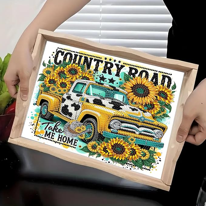 BAYUNOE DIY Diamond Serving Tray Rectangular Breakfast Tray with Handle Handmade Diamond Art Painting Wooden Tray Spring Creative Dinner Plate Coffee Room Living Home Organizer-Sunflower Car
