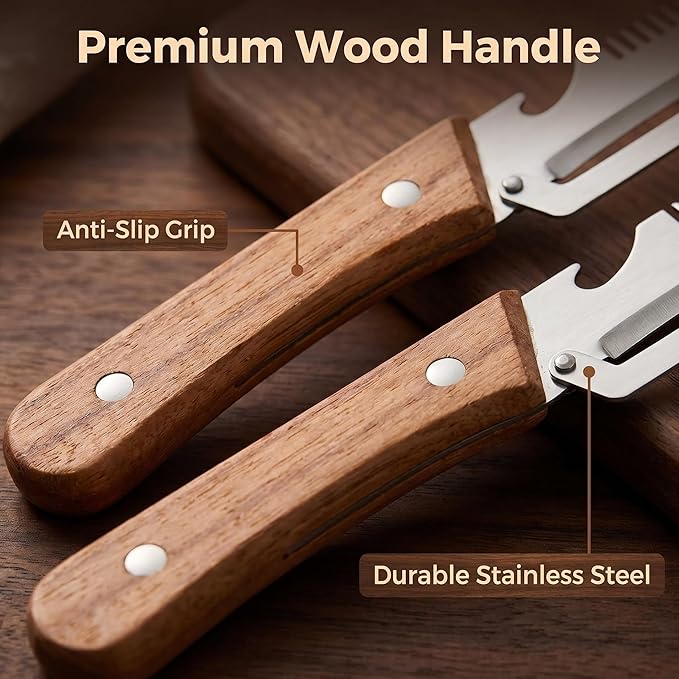 3-in-1 Multifunctional Vegetable Peeler with wooden grip, integrated grater and bottle opener. Practical kitchen tool for peeling, grating and opening bottles, perfect for fruits & vegetables. (1 PCS)