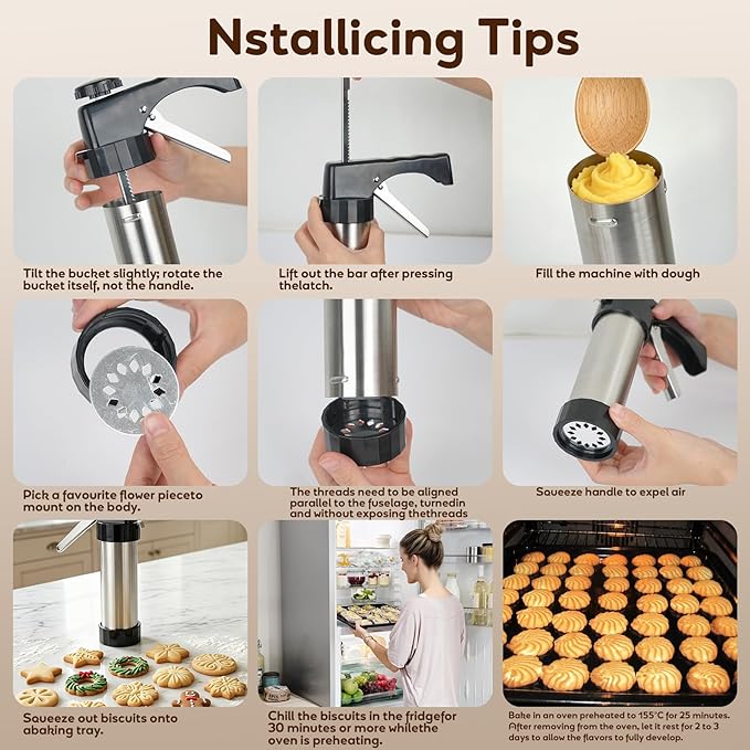 Cookie Press Gun Kit, Stainless Steel – 13 Discs + 8 Nozzles, Perfect for DIY Cookies & Decorating, Baking Gift for Women
