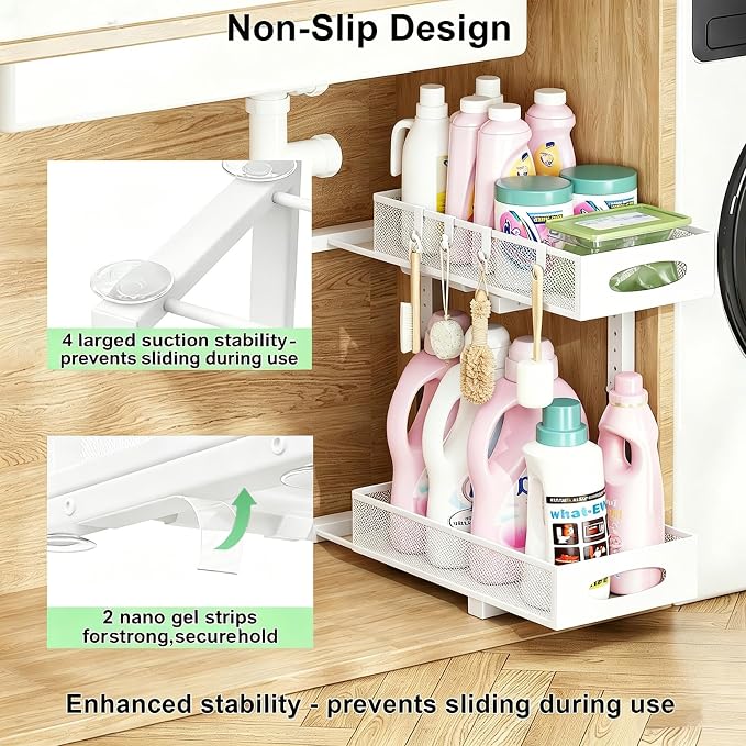 Under Sink Organizer, Pull Out Cabinet Organizer, White | Rustproof Carbon Steel, 2 Tier Mesh Sliding Drawers, 5-Level Height Adjustable to Bypass Pipes, for Kitchen Bathroom Laundry