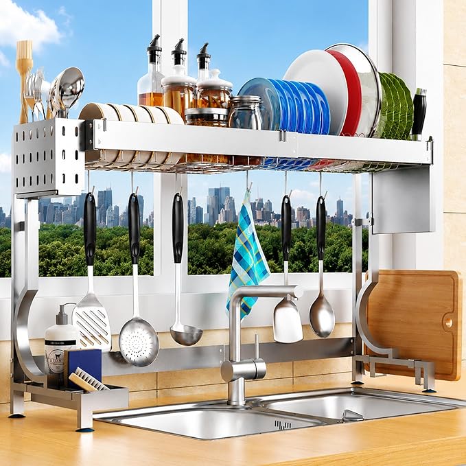 MINGLING Over Sink Dish Drying Rack Kitchen Dish Rack Over Sink Height & Width Adjustable Large Over Sink Dish Drainer Rack Full Stainless Steel (W21.2-37"~ H18.5-22" Silver)