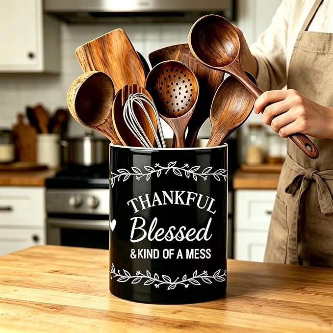 Black Utensil Holder, Ceramic Kitchen Utensil Holder, Utensil Crock for Home Kitchen Countertop Storage Organizer Container, Large Holder for Spatulas, Spoons, Kitchen Counter Decor, 6"