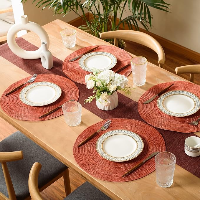 FunWheat Round Braided Placemats Set of 4 Place mats for Dining Tables Woven Heat Resistant Table Mats 15 inch for Fall(Orange,4pcs)
