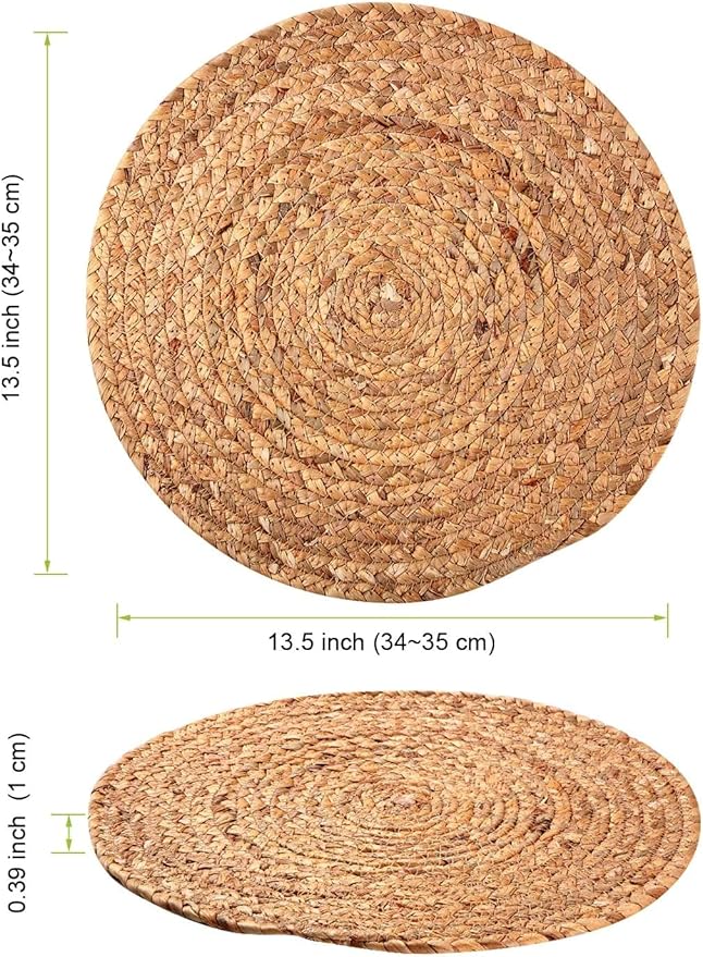 Water Hyacinth Woven Placemats, 13 inches Round Handwoven Boho Vintage Placemats Set of 6 Rattan Plate Chargers Wicker Tablemats Braided Heat Resistant Place Mats for Wedding Party