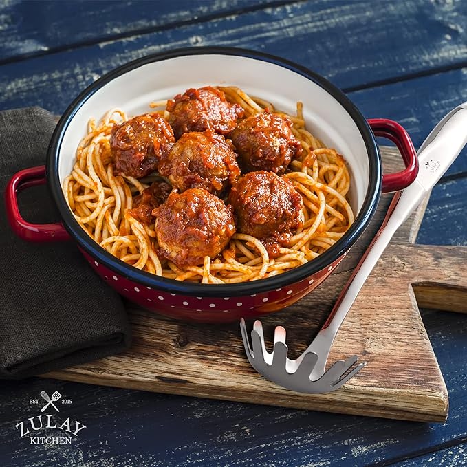 Zulay Kitchen Stainless Steel Pasta Spoon - 12” Spaghetti Server with Teeth & Draining Holes - Rust-Resistant Pasta Fork for Noodles & Pasta - Dishwasher Safe Utensil for Everyday Use