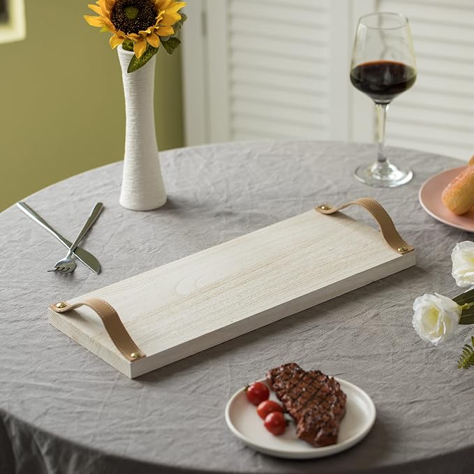 Decorative Acacia Wood Rectangular Serving Tray with Brown Leather Handles, Wooden Ottoman Tray for Living Room, Large Wood Tray for Coffee Table, Kitchen Counter, Couch