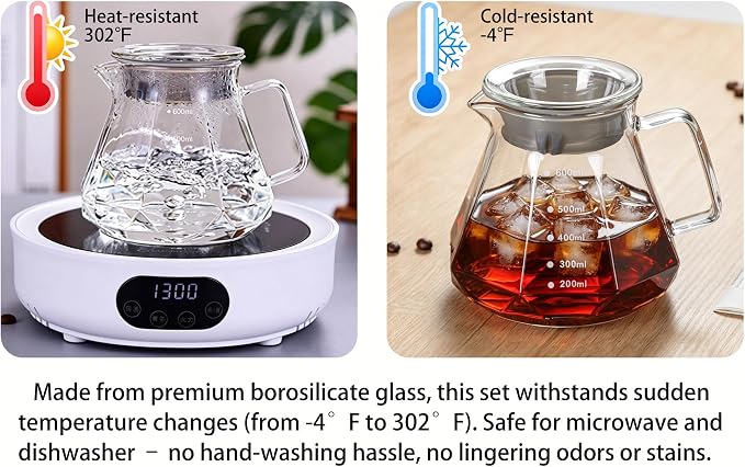 BeeCa Manual pour over coffee maker, Heat Resistant Glass | 20Oz+50 Filters 1-4 Cup, No plastic taste, Crystal clear glass, Dishwasher safe, Borosilicate glass