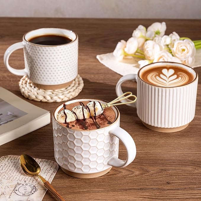 GBhome 12OZ Stackable Coffee Mugs Set of 6, Ceramic Coffee Mugs with Texture Patterns for Man,Woman,Dad,Mom, Modern Coffee Cups for Latte/Cappuccino/Cocoa. Dishwasher&Microwave Safe, Off White