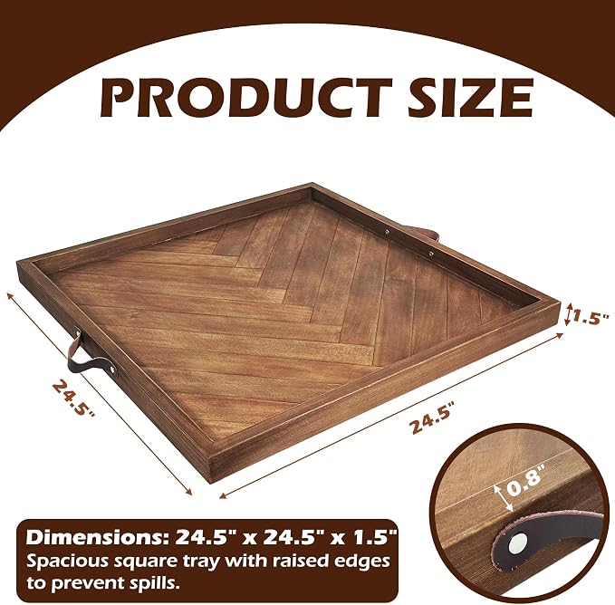 Large Square Ottoman Tray 24.5"x24.5", Wooden Ottoman Trays with Leather Handles, Rustic Decorative Storage Tray for Ottoman