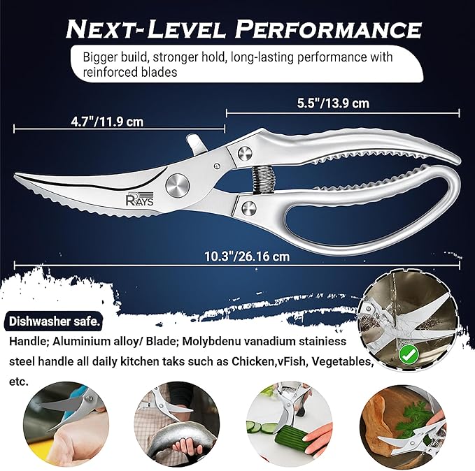 Heavy Duty Poultry Shears – Professional Stainless Steel Kitchen Scissors for Chicken, Turkey, Bone, Meat & Fish – Spring Loaded Spatchcocking Shears – Dishwasher Safe with Safety Lock