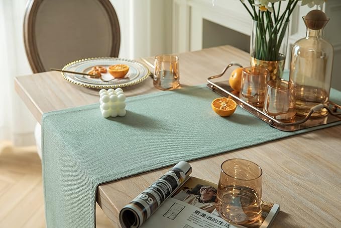 ZeeMart Burlap Style Farmhouse Table Runners 108 Inches Long, Sage Green Rustic Woven Dining Table Runner for Everyday Use, 14x108 Inches, Seafoam