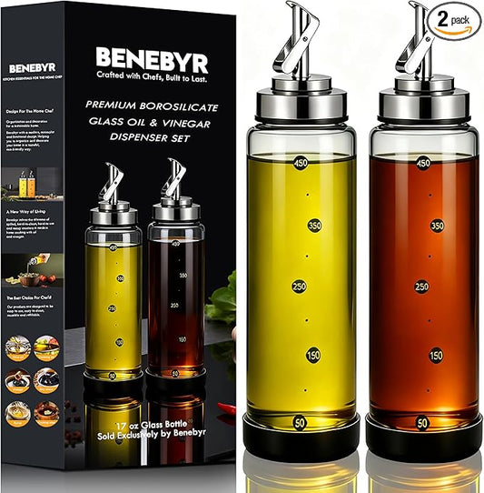 Glass Olive Oil Dispenser Bottle for Kitchen Shatterproof & Leakproof Oil and Vinegar Dispenser Set with Stainless Steel Spout & Rubber Bottom 17 oz Olive Oil Bottle for Cooking, Set of 2