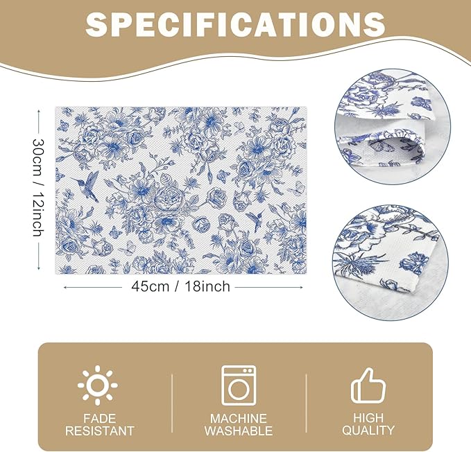Snycler Table Runner Blue Monochrome Sketch Flower Birds Butterfly Table Cover Retro Floral Kitchen Dining Table Decoration for Indoor Outdoor Home Party Restaurant Supplies (12x18 Inch,Set of 4)