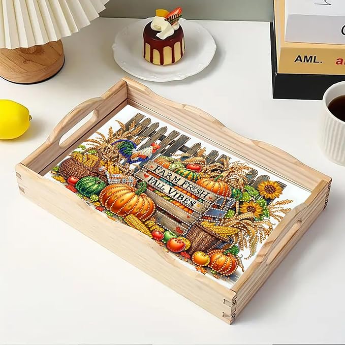 DIY Diamond Art Painting Serving Tray Creative Design Handmade Wooden Rectangular Snack Tray Dinner Plate Drill Craft for Coffee Living Room Home Organizer-Autumn Harvest