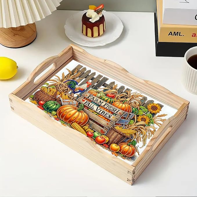 DIY Diamond Serving Tray with Handle Handmade Gem Painting Wooden Rectangular Breakfast Tray for Dinner Plate Coffee Room Living Home Organizer-Autumn Harvest