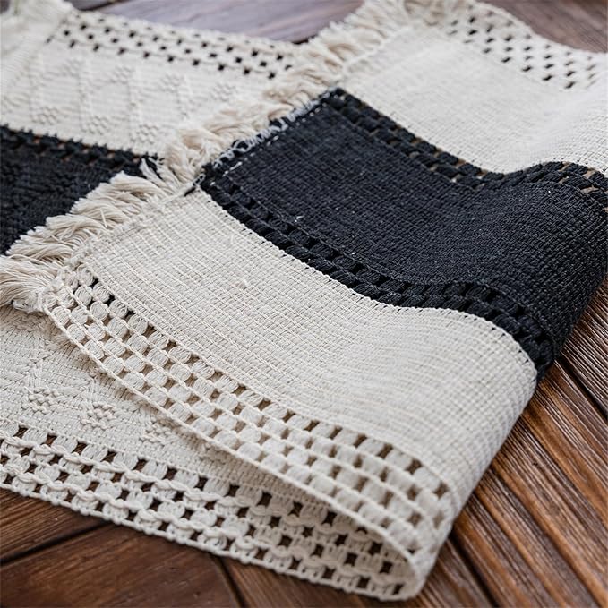 Macrame Table Runner Cream Beige and Black Boho Table Runners with Tassels Hand Woven Cotton Table Runner Rustic Farmhouse Table Runners for Bohemian Kitchen Dining Table(12x36in)