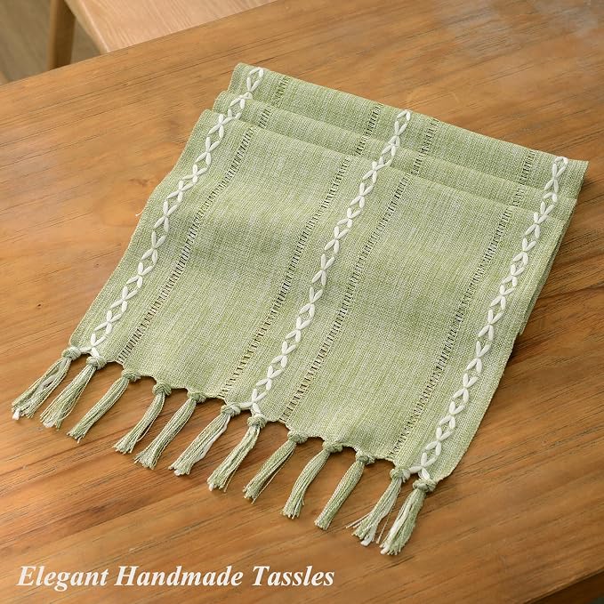 Wracra Rustic Hemstitch Table Runner, Linen Farmhouse Table Runners 60 Inches Long with Tassels for Dining Kitchen Coffee Table Decor, Party and Dresser Decor (Sage Green, 13×60")