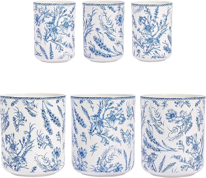 Bico Blue Garden Toile De Jouy Ceramic Utensil Holder Set of 2, Ceramic Kitchen Utensil Crocks for Countertop, Large Cooking Tool Holder Counter Decor, Spatula Organizer