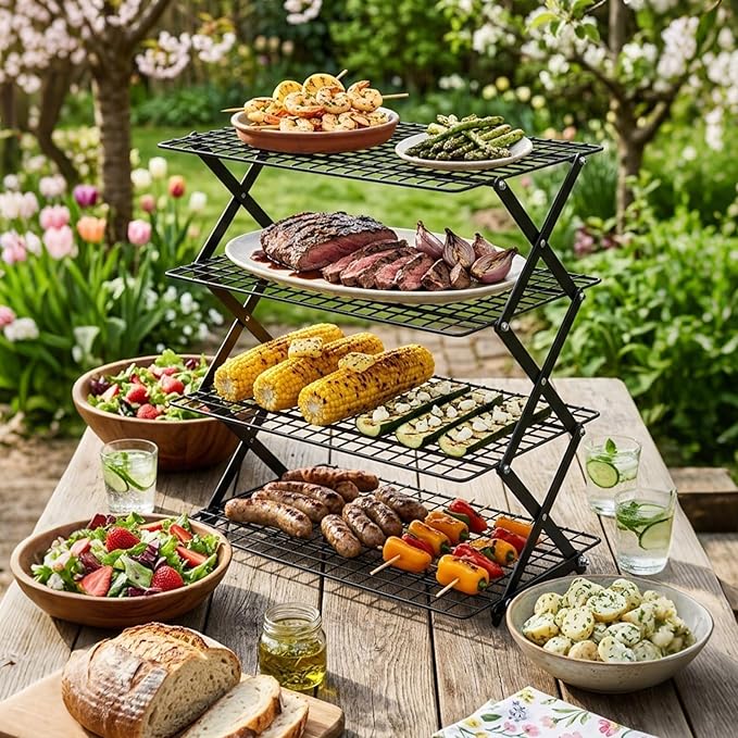 ShellKingdom 4 Tier Collapsible Cooling Rack, Outdoor Camping Picnic Shelf, Wire Cooling Rack for Baking, Cookies, Cake, Roasting, Grilling, Drying Rack - Black