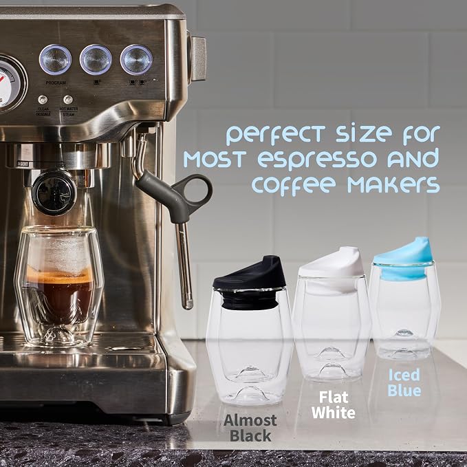 To-Go Espresso Glass Travel Mug with Lid, Reusable Double Wall Glass Tumbler, Fits Most Coffee Makers & Cupholders for Your Car, Gifts for Coffee Lovers, 4.5 oz Cortado Cup, Almost Black