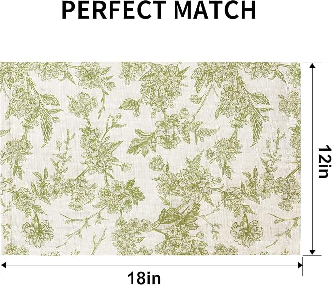 QiyI Boho Placemats Set of 6, 12x18 Inch Linen Fabric Floral Place Mats for Kitchen Dinning, Farmhouse Rustic Cloth Table Mats, Washable Placemat Party Table Décor, Green Botanical Art