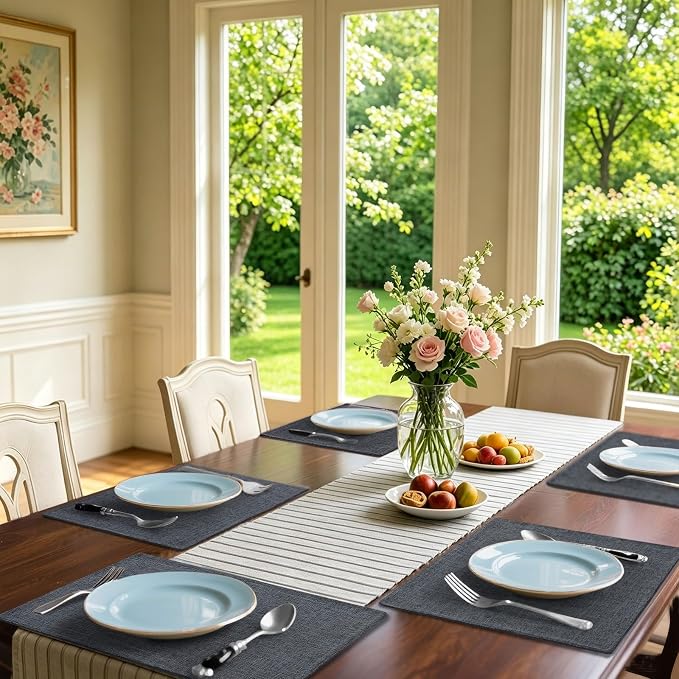Homaxy Cloths Placemats for Dining Table Set of 8, Heat Resistant Washable Cotton Linen Blend Table Mats, Easy to Clean Place Mats for Indoor Outdoor Party Kitchen Decoration, 13" x 19", Charcoal Gray