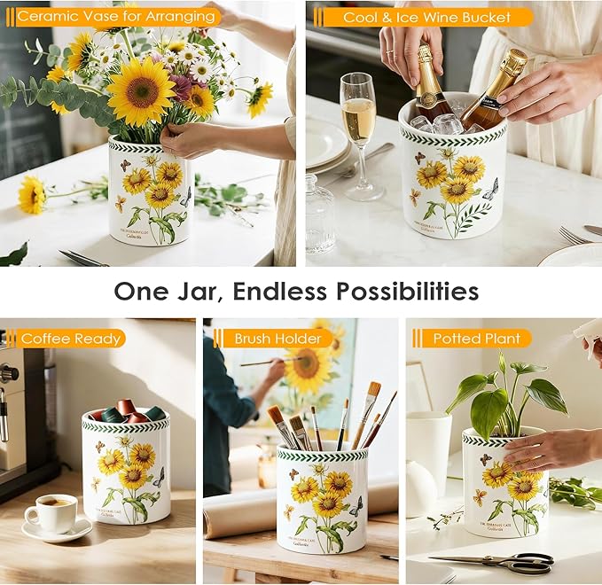 ACMLIFE Kitchen Utensil Holder Extra Large, 7.3" Cooking Utensil Holder, Ceramic Kitchen Organizer Counter, Fruit Basket, Vase, Ice Bucket for Parties, Gift & Dinning Decor, Chrismas (Sunflower)