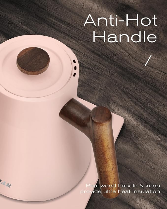 POLIVIAR Electric Gooseneck Kettle, 1200W Electric Tea Kettle Real Wood Handle, 34oz Pour Over Electric Kettle for Coffee & Tea, 18/8 Stainless Steel Inner, Temperature Control & Rapid Heating