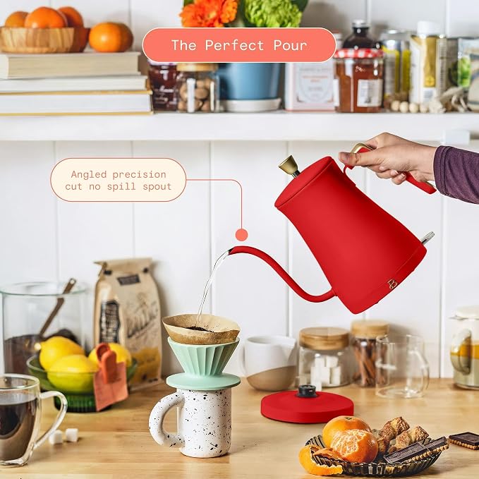 Electric Gooseneck Kettle 1 Liter 1200W Fast Boil with Precision Pour Spout, Stainless Steel Interior, Auto Shut-Off & 360° Swivel Base (Tomato Red)