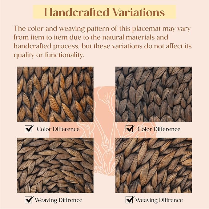 6 Pack, Round Woven Placemats, Natural Water Hyacinth Wicker Place mats, Braided Straw Table Mats for Dining Table, Fall, Halloween, Thanksgiving, Chrismats, Black (13.8 inch)