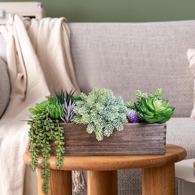 Winlyn 15" Assorted Artificial Succulent Arrangement Assorted Succulents in Rectangular Wooden Planter Faux Potted Plant for Farmhouse Table Centerpiece Windowsill Shelf Desk Mantel Greenery Décor