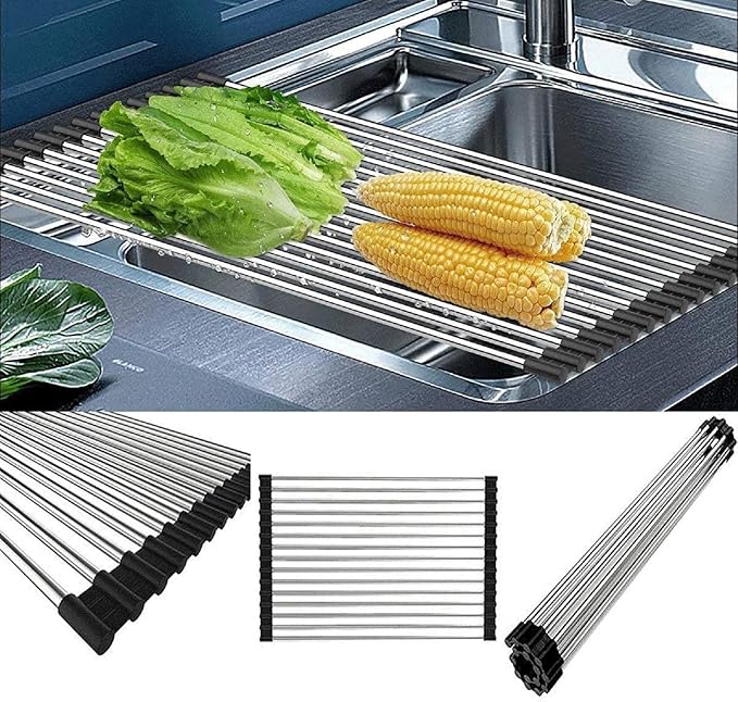 Roll up Dish Drying Rack Over The Sink Portable Stainless Still Rolling Rack Folding Mat for Kitchen Counter (Black, 17.7''LX11.8''W)