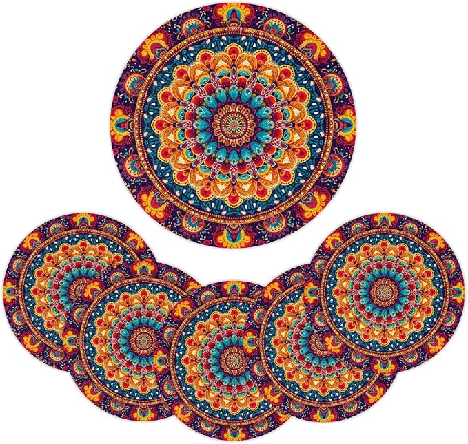 Round Placemats Set of 6, Colorful Boho Pattern Woven Placemats Mats Non-Slip Heat Resistant Washable Table Mats Round Braided Place for Farmhouse Kitchen Dining Party Decor 15in