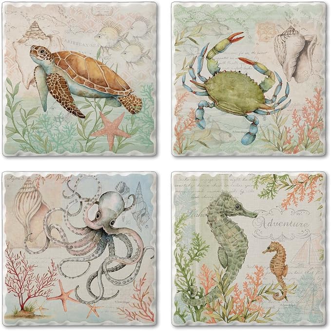 Thirstystone Beachy 4 Pack Assorted Tumbled Tile Stone Coasters with Protective Cork Backing Manufactured in The USA Absorbent Easily Wipes Clean (Caribbean Sea)