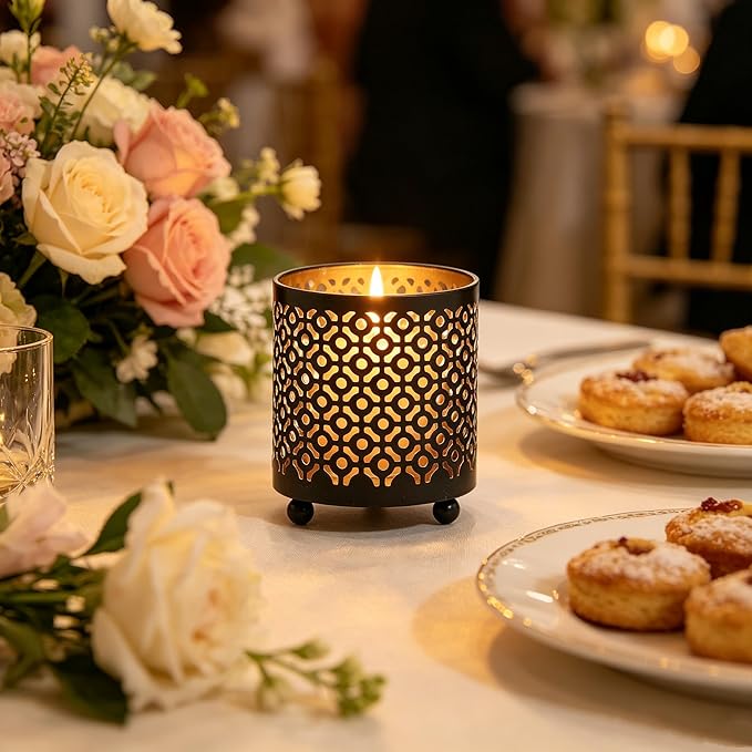 Hosley 4.5" Black Metal Candle Holder Sleeve Gold Interior for Tealights & Votive Candles Decorative Lantern for Home Décor, Weddings, Meditation, & Events